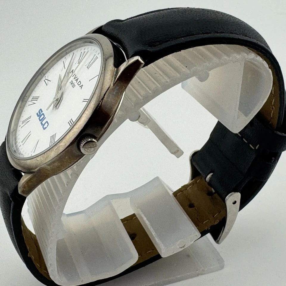Reloj de Cuarzo Suizo Nivada SOLO Logo Hombre 30m Plata Acero Cuero Batería Nueva Foto 4 de 4
