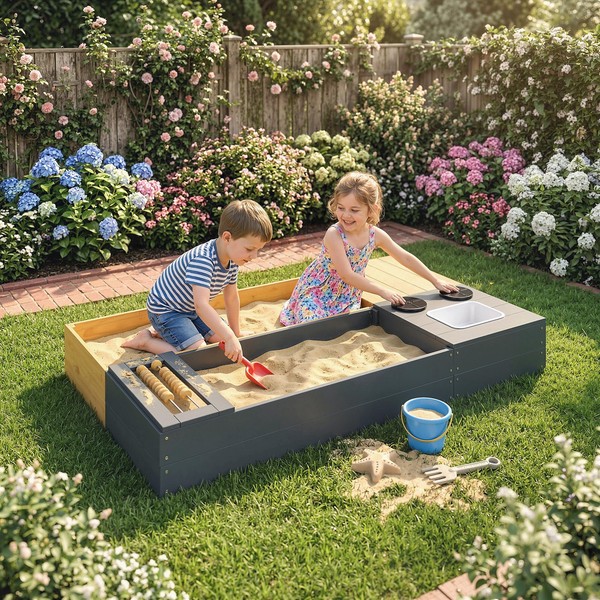 Aiyaplay Sandkasten 2-Teilig 150X90 Cm Sandkiste Aus Holz Mit Sitzbank Stauraum-image