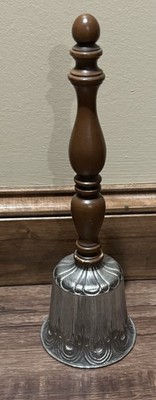Vintage Unusual Metal Tall HAND BELL School teacher shop Wooden cast