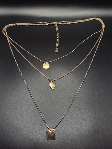 #0064 - Gold Tone Layered Geometric Disc Diamond Rectangle Pendant Necklace...