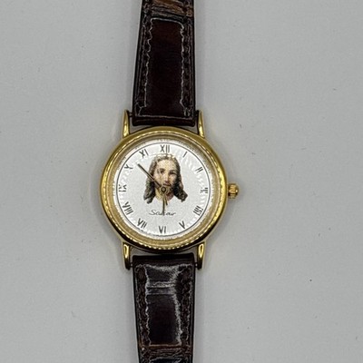 Vtg JESUS DISCIPLE Watch Women Religious Gold Tone Leather Needs Battery