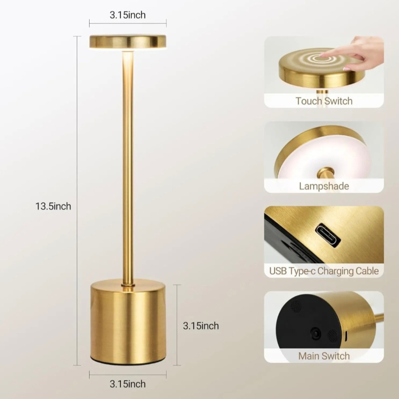 Cordless Table Lamp Touch Sensor Rechargeable Dimmable LED Bar Desk Night Light