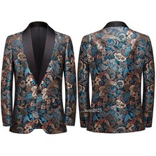Men Jacquard Suit Blazer Shawl Lapel Prom Dress Jacket Coat Tops Slim Party Prom