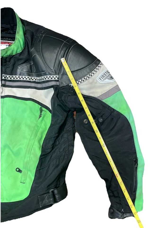FIRST GEAR Motorcycle Leather Padded Green Black Riding Jacket Size Medium - Image 4 of 4