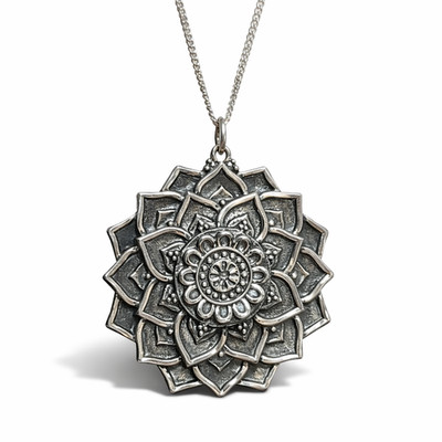 Mandala Lotus Anhänger Blume Halskette 18'' Kette 925 Sterling Silber heilig verpackt
