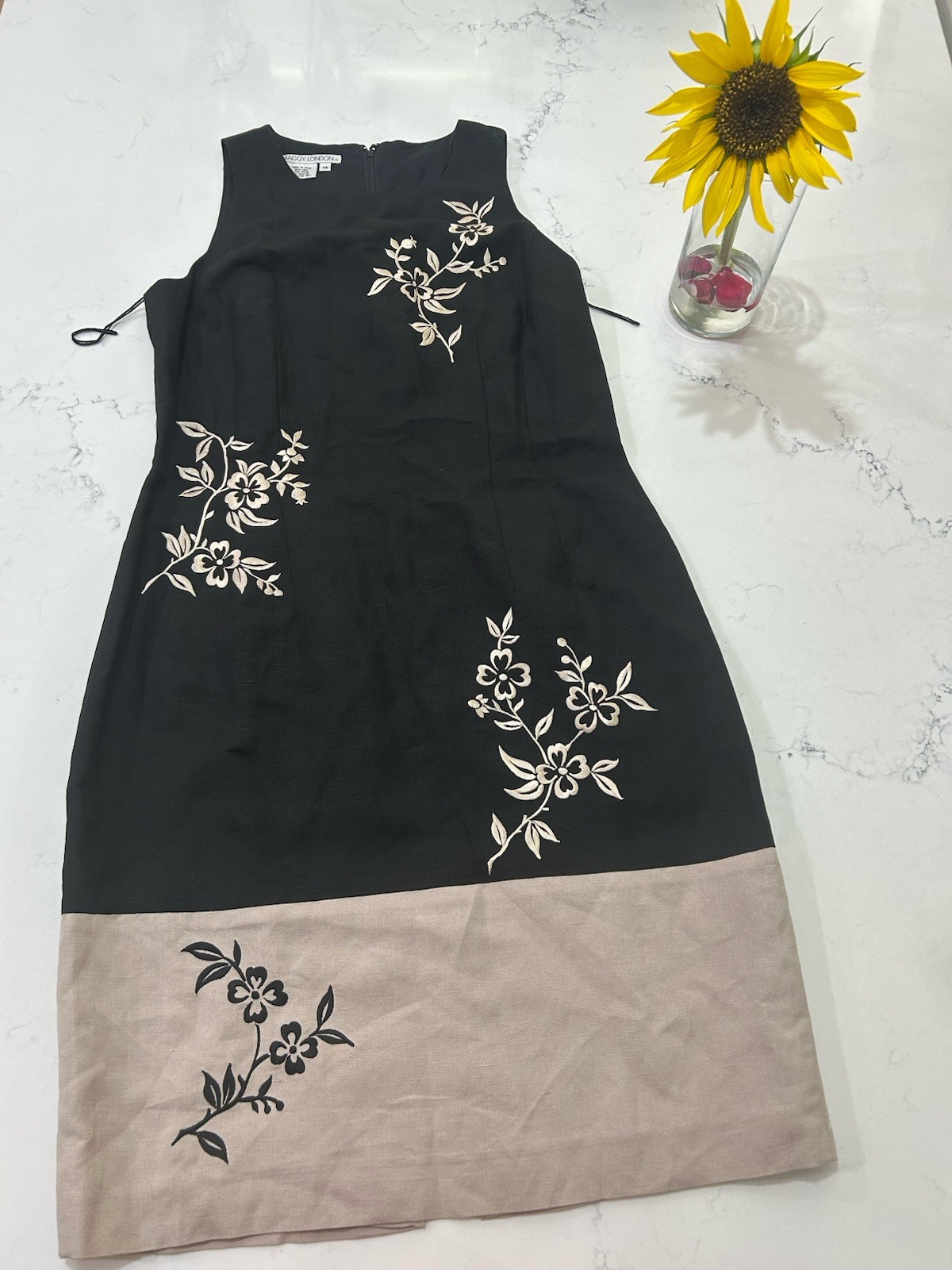 Vintage Maggy London Black Linen Rayon Embroidered Colorblock Dress Midi Size 14