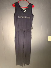 Calvin Klein Women's Black Sleeveless V-Neck Logo Jumpsuit Drawstring, S