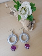 Orecchini Rotondi All' Uncinetto Argento Con Pendente Viola