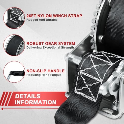  2000lbs Heavy Duty Boat Trailer Winch with 26FT Strap,2-Way Ratchet,4:1 Gear 