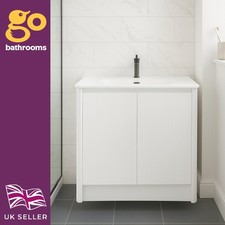 White Ribbed Vanity Unit Textured 2 Door Floor Standing 1000mm Ceramic Basin