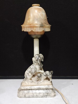 Old Carved Alabaster and Marble Dogs Playing Lamp with Shade