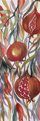 5 x15  Original Pamela Wilhelm Whimsical Watercolor Tall COLORFUL Pomegranate