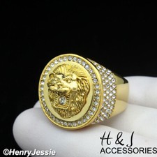 MEN's Stainless Steel Icy Bling CZ Gold Plated Lion Head Round Ring AGR147