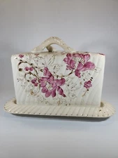 Shabby Antique Covered Cheese Dish Hand Painted Floral
