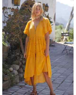 Free People Orianna Maxi-Sommerkleid mit Knopfleiste bronze-orange Größe L UVP 108 $