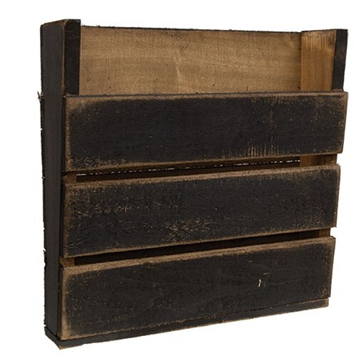 New Primitive AGED BLACK SLAT WOOD MAGAZINE RACK Wall Hanging Shelf Bin ...