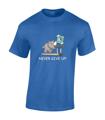 NEVER GIVE UP NASHORN EINHORN HERREN T-SHIRT LUSTIG NIEDLICH TIERLIEBHABER GESCHENKIDEE TOP