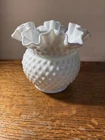 Vintage Fenton #5850 White Milk Glass Hobnail Vase With Ruffled Rim 5.5" X6"
