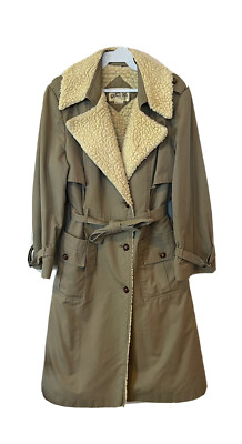 Vintage 80s Womens 14 Sherpa Collar Belted Button Rain Trench Coat Money  Classy