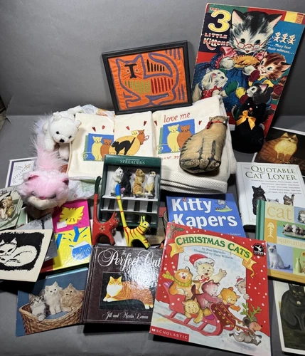 Lot of Vintage Kitty Cat Kittens Ephemera Collectibles Books Figures