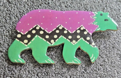 Vintage Stamped  (c) Sharge ? Wooden Enamel Hand Crafted Bear Lapel Brooch Pin