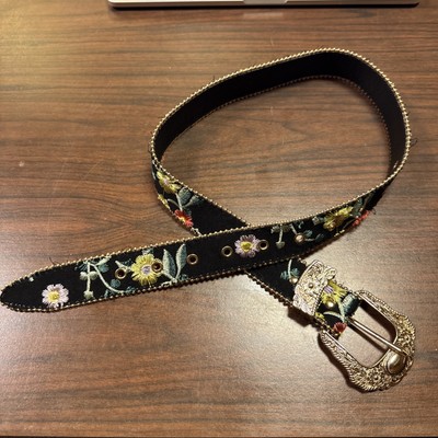 Belt Floral Embroidered Leather Western Boho Gold Buckle And  display picture 1