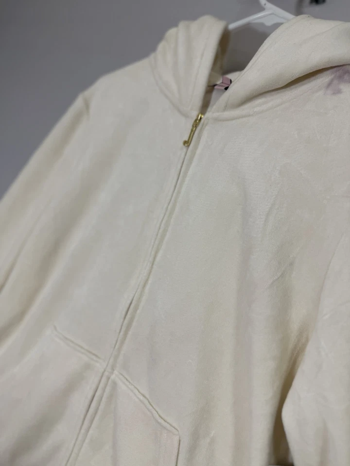 Juicy Couture Royal Iconic Velour Zip Hoodie XL Cream Embellished Crest NWT - Image 3 of 4
