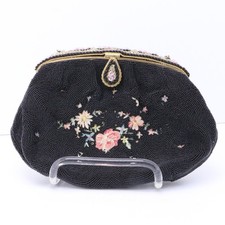 Antique Handmade Micro Glass Black Beaded Mosaic Floral Clutch Handbag France