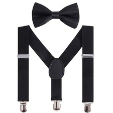 Boys Girls Suspenders Bow Tie Set Adjustable Classic Y Back Solid Color Black