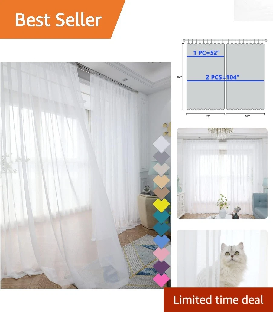 Customizable Length Sheer White Curtains - 84-Inch with Rod Pocket Style