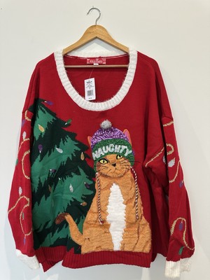 WOMEN'S Plus Jollidays 3D Holiday Sweater Red Long Sleeve Sequins Cat Size  4X