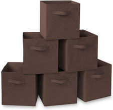 Set of 6 Collapsible Fabric Cube Storage Bins, Brown - 11" Foldable Cloth Basket