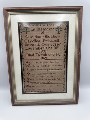 Antikes Stickmuster. 1869 als Denkmal geschaffen. Gerahmter Sampler 