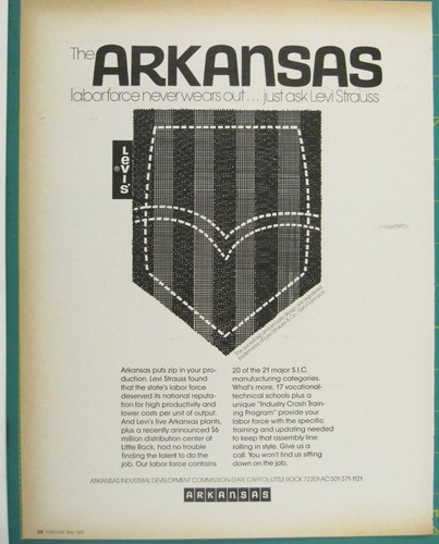 Print Ad Arkansas Labor Force Levi Strauss Productivity Fashion Vintage 1972
