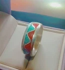 Vintage Navajo Sterling Silver Turquoise & Coral Inlay Band size 9-((39))