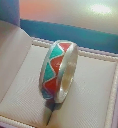 Vintage Navajo Sterling Silver Turquoise & Coral Inlay Band size 9-((39))
