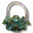 Fenton Iridescent Spruce Carnival Art Glass Hobnail Mini Basket Original Sticker