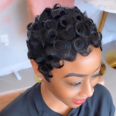 SeFiSha Short Layered Pixie Cut Wig Human Hair Wear and Go Glueless Curly Hum...