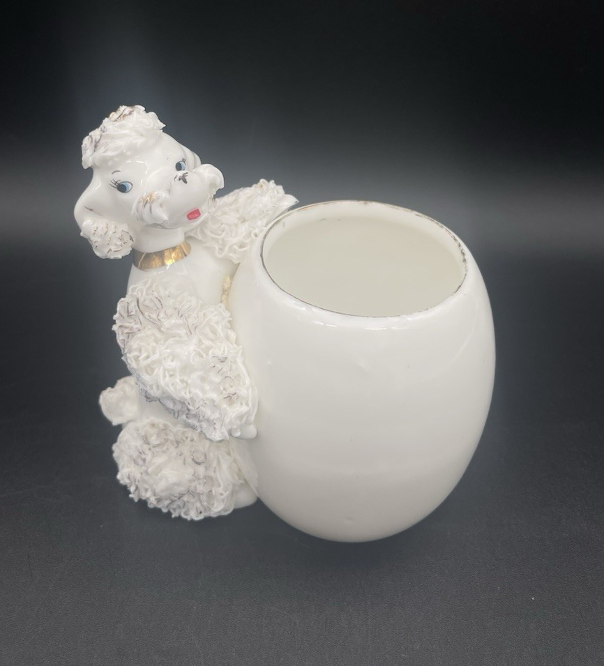 VTG White Spaghetti Poodle Dog Planter Vase Japan Gold Trim