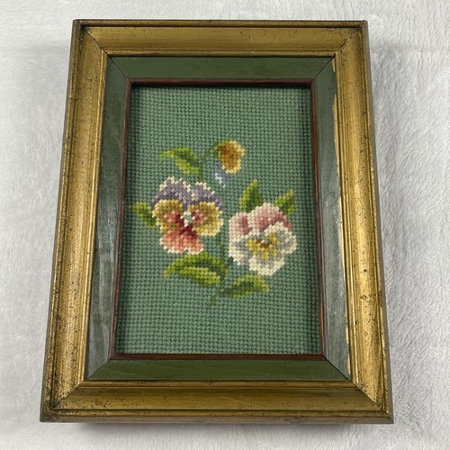 Vtg 1977 Hand Stitched Pansy Floral Needlepoint MCM Green Gold Wood Frame 7x9