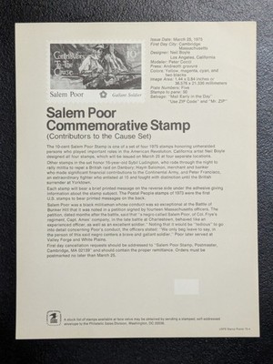 USPS Salem Poor Commemorative Stamp Souvenir Page NO STAMP