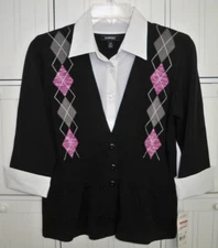Elementz Argyle Layered Look Sweater Blouse Top Black & White size Petite Small