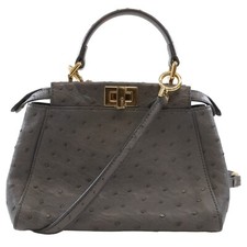 Fendi - Ostrich Peekaboo Mini Handbag Grey - Women's