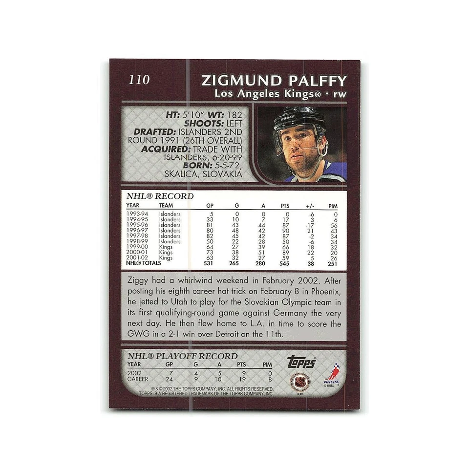Zigmund Palffy 2002 Topps #110 Los Angeles Kings Hockey Card NM - Image 2 of 3