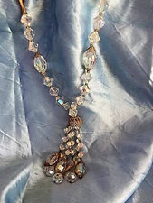 Vintage Necklace Crystal Glass Clear Aurora Borealis Faceted Beads Pendant  26"