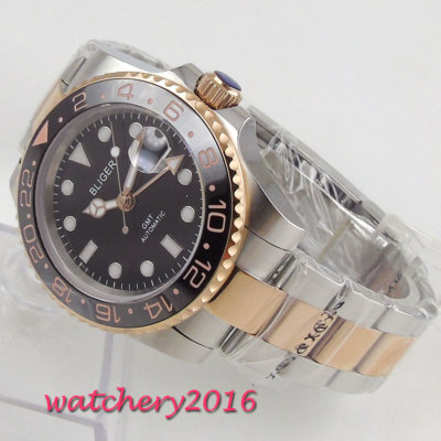 40mm Bliger Black dial Datum Saphirglas GMT LUME Automatisch Movement mens Watch