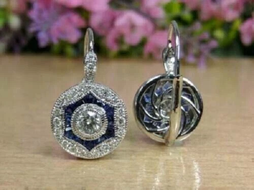 3 克拉实验室钻石和蓝宝石吊坠/吊坠耳环 14K 白金饰面 — 第 2/4 张图片