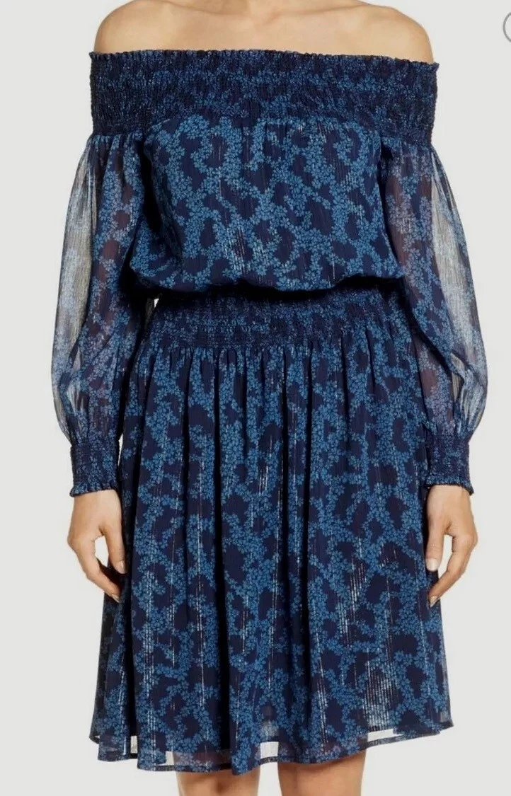 Abito Michael Kors Arbor floreale smocked spalle scoperte mirtillo medio #2957