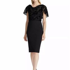 Ralph Lauren Black Sheath Dress, Ruffle Cap Sleeves, Velvet Embossed, Size 12