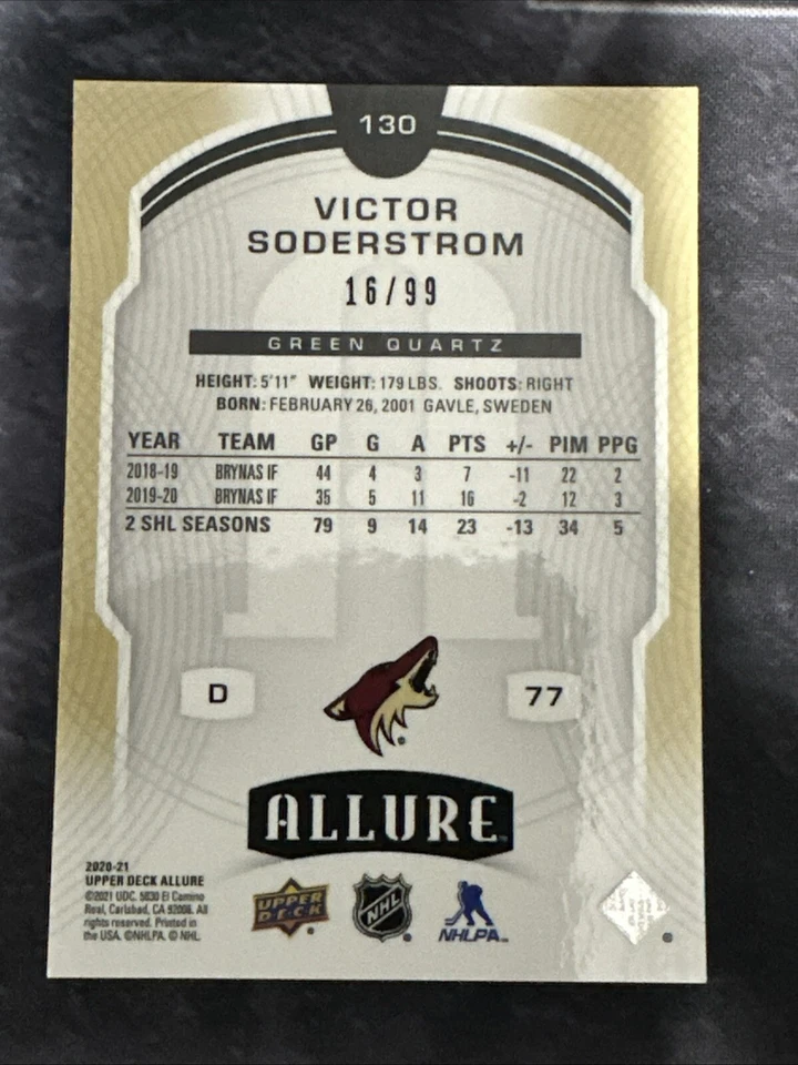 2020-21 Upper Deck Allure Rookie Green Quartz 130 Victor Soderstrom Coyotes - Image 2 of 3